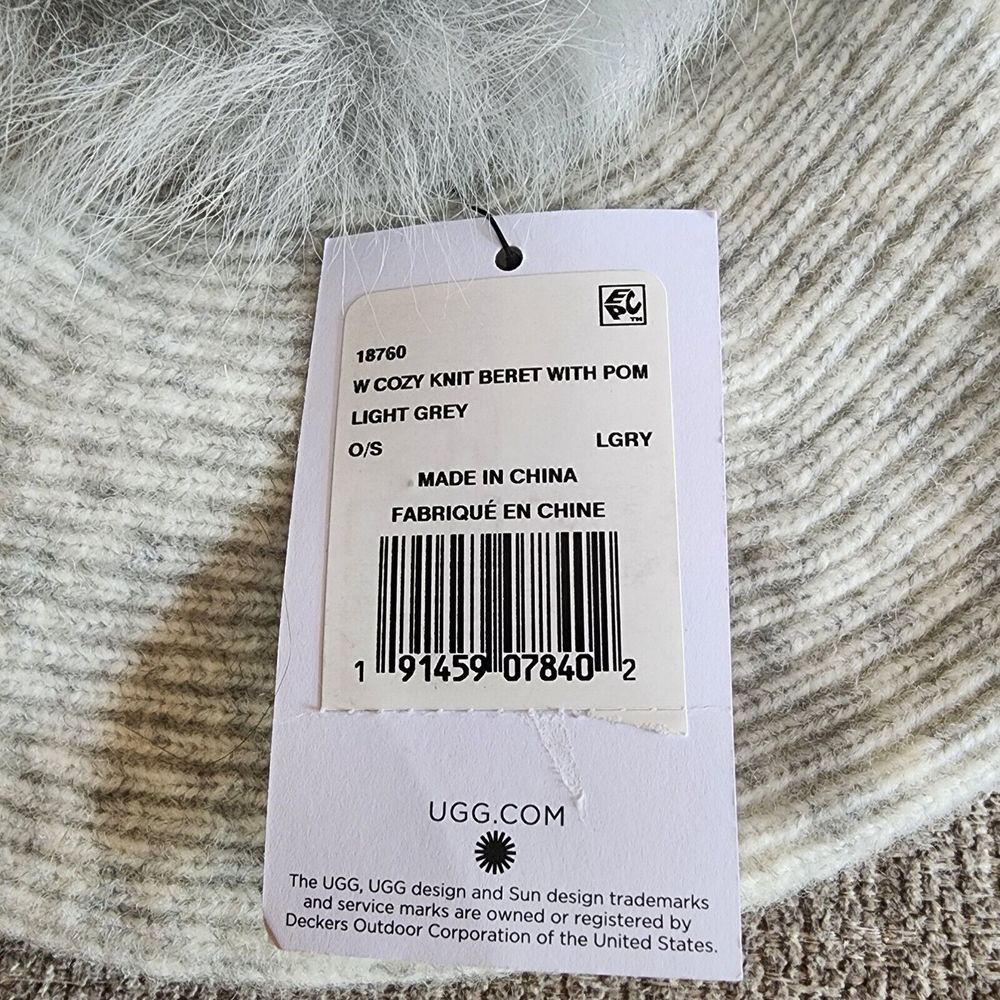 UGG 18760 Womens OS Cozy Knit Beret W/ Pom Light Grey White Ivory Body Very Soft - Picture 6 of 6